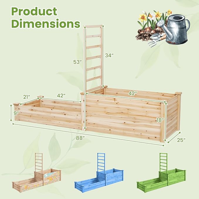 S AFSTAR Raised Garden Bed with Trellis & 2 Planter Boxes, 88" x 25" x 53" Outdoor Wooden Planter Box Kit for Flower Herb Veggies Fruit Climbing Vines, Elevated Gardening Planter for Garden Patio