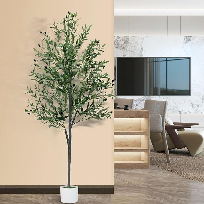 6FT Artificial Olive Tree,Artificial Plants Indoor,Faux Olive Tree Indoor with Natural Wood Trunk and Realistic Leaves and Fruits for Home Office Decor