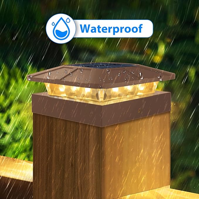 Peasur 4x4 Solar Post Cap Lights Outdoor with 3 Lighting Modes, 4 Packs Brown Fence Caps Light Fits 4×4/3.5×3.5 Wood/Vinyl Posts, Waterproof Post Top Lighting for Deck Mailbox Porch Railing