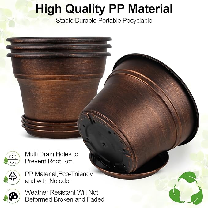 Plant Planters Pots Set of 4 Pack 16 Inch，Large Plastic Flower Pot For Indoor Plants With Drainage Holes & Trays, Resin Decorative Container Sets With Saucer For House Outdoor Garden Plant Copper
