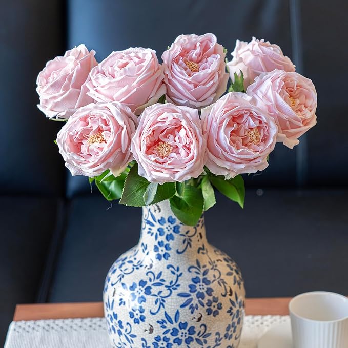 DUYONE Fake Flowers for Decoration Home Decor Artificial Flowers Austin Rose Peony Latex Fake Flower Living Room Decoration Vivid Pink Roses Peonies (Light Pink 4pcs)