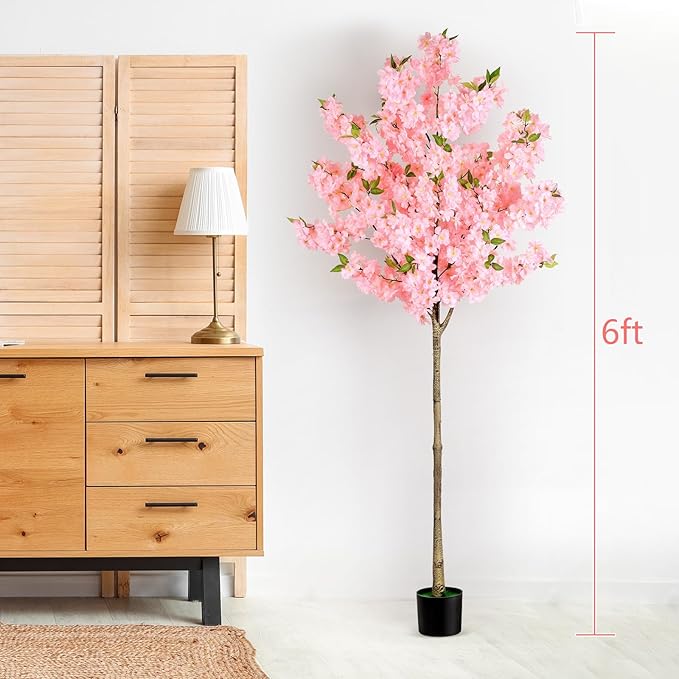 OUSHENG Artificial Cherry Blossom Tree, Fake Plants Indoor Decor, Faux Pink Sakura Flowers for Living Room Home House Entryway Bedroom Office Inside Decorations, 6FT