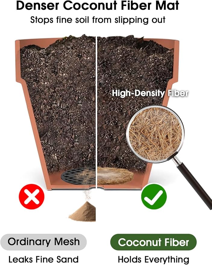 LE TAUCI Coconut Coir Drainage Mesh Pads for Flower Pots, Pre-Cut 4 Inch Pot Hole Covers to Prevent Soil Loss, Natural Coir Fiber Liners for Indoor & Outdoor Planters, 10 Pack