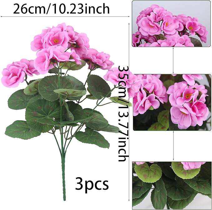 CITYES 3 Pcs Artificial Geraniums Flowers Silk Geraniums for Outdoors UV Resistant Purple Pink Artificial Geranium Bush Faux Flowers Plant Geraniums for Garden Home Decor Patio Vase Table Centerpiece