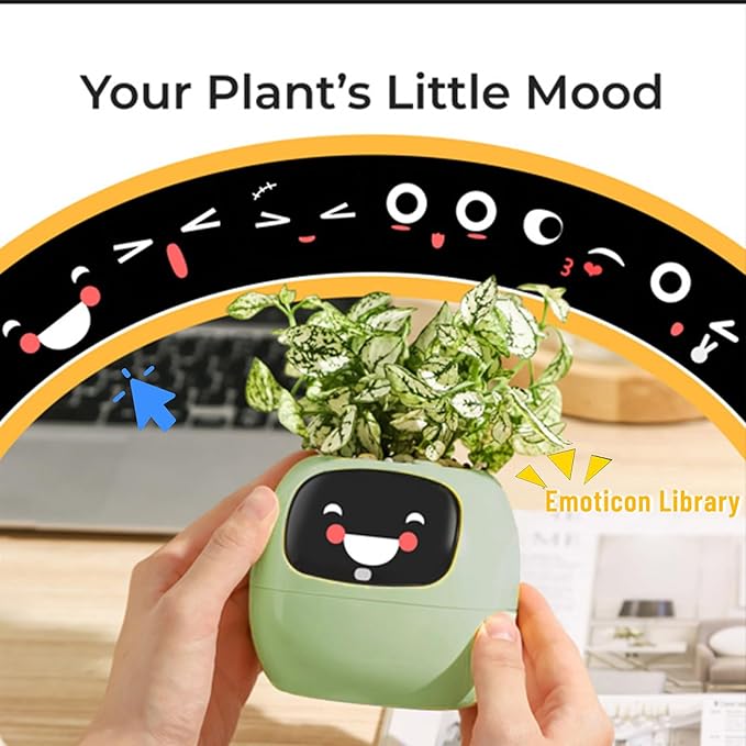 Smart Pet Planter, Smart Plant Pot, With Artificial Intelligence, Time Weather Display, And Multiple Expressions Animation,Lovely Plant Companion, For Desktop Decoration, Gifts,Plant-Free (Mint)