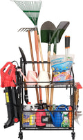 Mythinglogic Garden Tool Organizer for Garage, Yard Tool Rack with Wheels, Garage Organizers and Storage Holder for Yard Tools (Deluxe Tower)