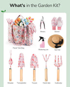 Grenebo Gardening Tools, 10-Piece Gardening Gift Set for Women, Rust-Proof & Heavy-Duty Tools with Floral Organizer Bag, Fashionable & Thoughtful Gift for Garden Women (Pink)