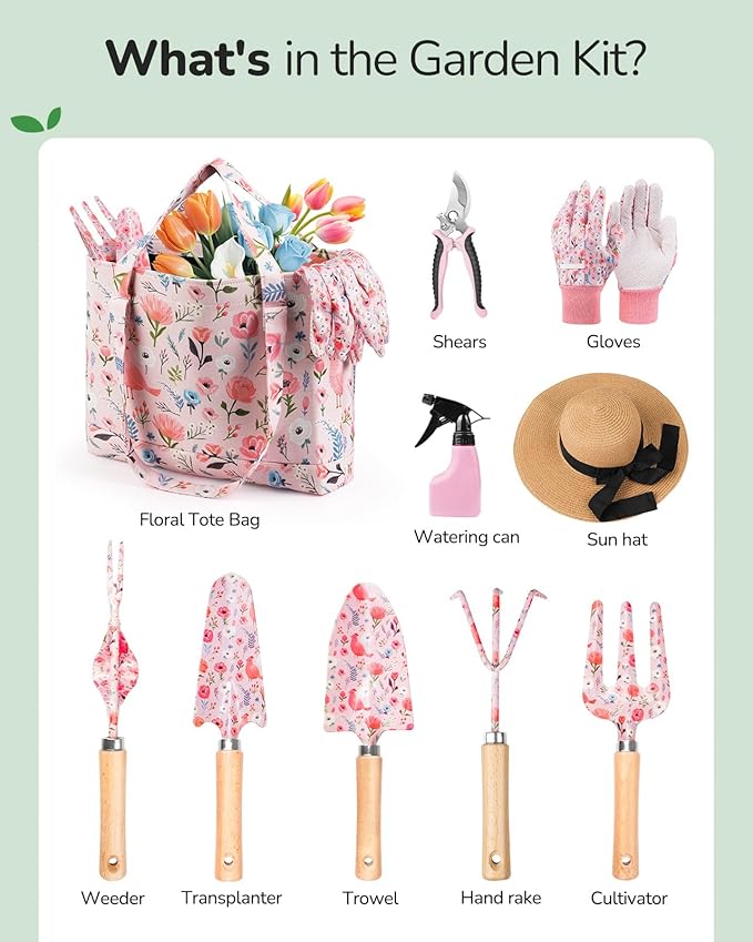 Grenebo Gardening Tools, 10-Piece Gardening Gift Set for Women, Rust-Proof & Heavy-Duty Tools with Floral Organizer Bag, Fashionable & Thoughtful Gift for Garden Women (Pink)