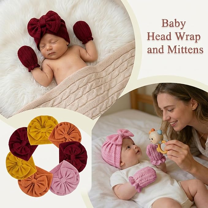 Newborn Baby Girl Hats Mittens Set Cotton Hospital Bow Hat Beanies Caps Gloves for New Born Girls 0-6 Months