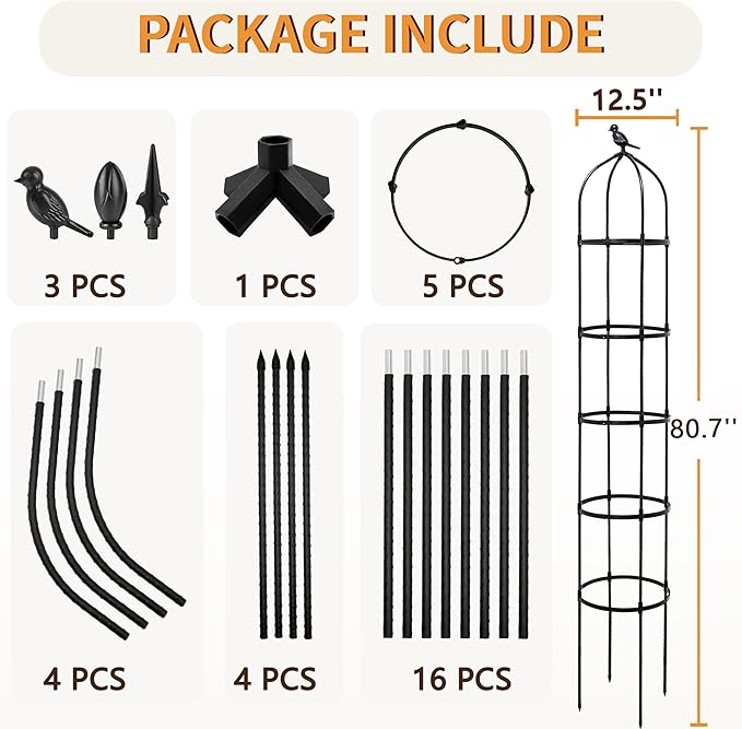 1 Pack Garden Obelisk Trellis for Climbing Plants Outdoor, 6.7FT Adjustable Metal Plant Support with 3 Decorative Tops, Black Rustproof Trellis for Roses, Tomatoes, Clematis & Vines