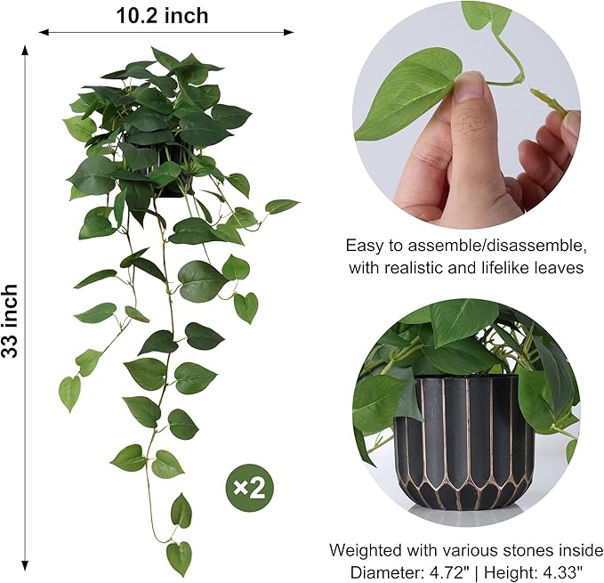 Fake Plants 2 Pcs Faux Pothos Plants Potted Indoor Artificial Hanging Plants Realistic Fake Greenery Table Desk Bathroom Office Bedroom Living Room Shelf Modern Farmhouse Decor Indoor