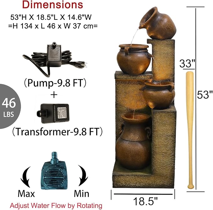 Bumilgar 53" H Large Outdoor Water Fountain with Lights - 4 Tiered Cascading Bowls Waterfall Fountain for Garden, Patio, Backyard, Porch Inside - Freestanding Outdoor Water Feature Gold