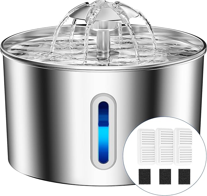 Cat Water Fountain Stainless Steel - 108oz/3.2L Automatic Large Pet Watering Bowl Dispenser for Indoor Cats - Drinking Fountains with 3 Filter for Dogs and Kitty - Outdoor Dog Waterer Bowls No Spill
