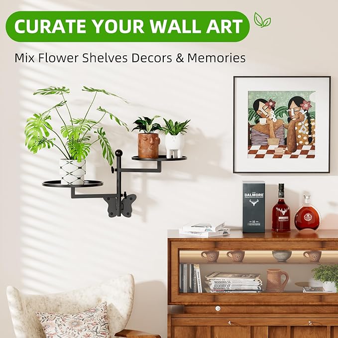 Rotating Window Shelves for Plants Wall Plant Stand Holder Indoor 2-Tier Floral Metal Window Shelf Holder for Multiple Plants Space Saving Child Pet Friendly Home Butterfly Design Decor Layer Black