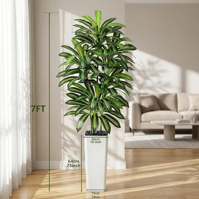 Artificial Dracaena Tree：7FT Faux Silk Tropical Yucca Floor Trees Realistic Fake Green Plant with Natural Wood Trunk & Lifelike Leaves for Home Office Decor Indoor & Outdoor (7FT,1-Pack,White)
