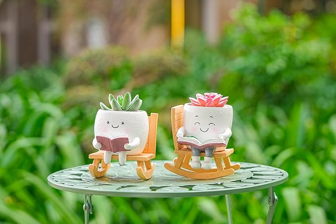 Rocking Chair Smily Face Planter with Drainage Hole, Cute Plant Pots for Indoor Outdoor Plants,Unique Funny Flower Pot for Succulents,Gift for Mother's Day, Birthday, Christmas(White)