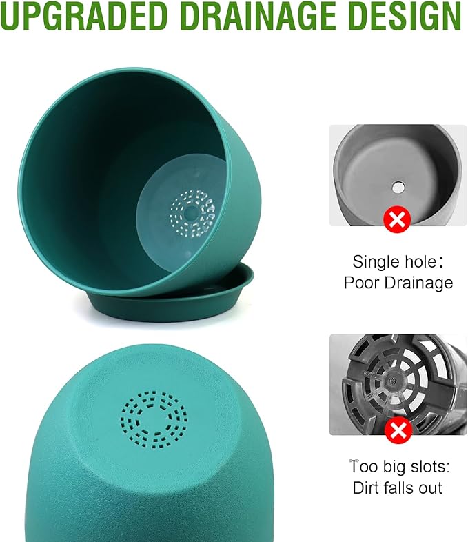 WSMKSZ Flower Pots 10/9/8 inch, Set of 3 Modern Decorative Plastic Planters with Drainage Holes and Tray for House Plants Indoor Flowers Plants, Plant Pots for Indoor Outdoor Plants, Blue Green