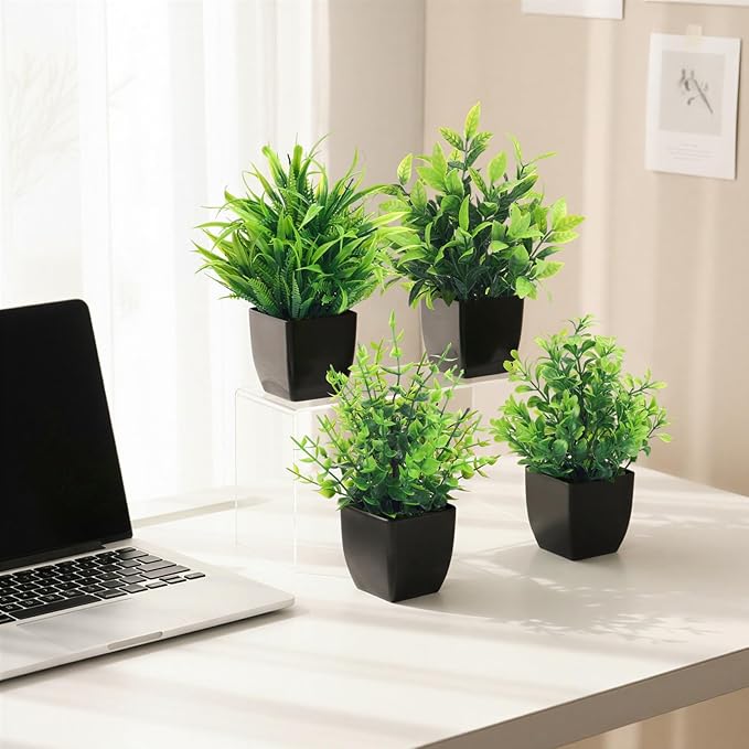 CEWOR Fake Plants 4 Packs Small Artificial Greenery Plants Mini Black Bathroom Accessories Decorations for Desk Bathroom Office Home Room Kitchen Table Decor Indoor