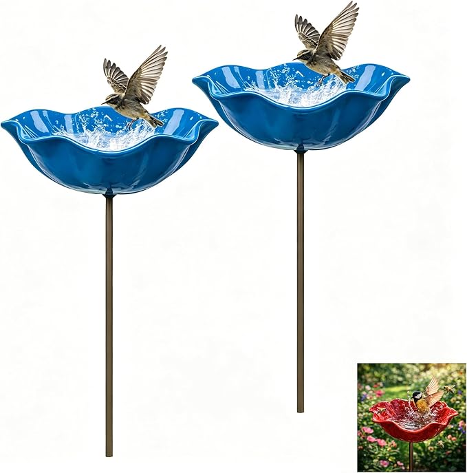 Handmade Metal Flower Garden Stake Bird Bath, Hummingbird Feeder, Bee & Butterfly Puddler, Mini Pollinator Watering Station for Garden Patio Lawn Yard Decor, Blue, 2PCS