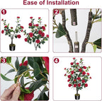 3.6FT Artificial Camellia Fake Tree, Artificial Plants & Flowers with 32 Red Flowers for Door Front Decoration Porch Patio Living Room Office Indoor Outdoor Decor (2PCS Contains Faux Moss)