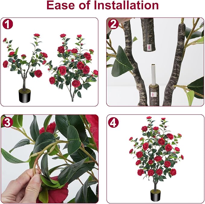 3.6FT Artificial Camellia Fake Tree, Artificial Plants & Flowers with 32 Red Flowers for Door Front Decoration Porch Patio Living Room Office Indoor Outdoor Decor (2PCS Contains Faux Moss)
