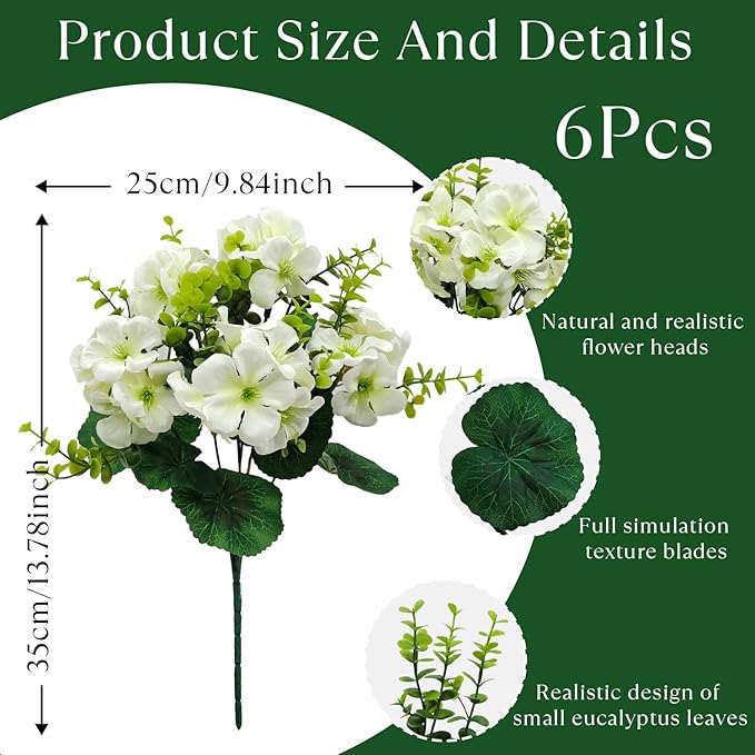 Artificial Geranium Flowers for Outdoor Decoration, 6 Bundles UV Resistant Silk Geranium Fake Plants Faux Flowers for Front Porch Garden Patio Window Box Outside Indoor Decor (White)