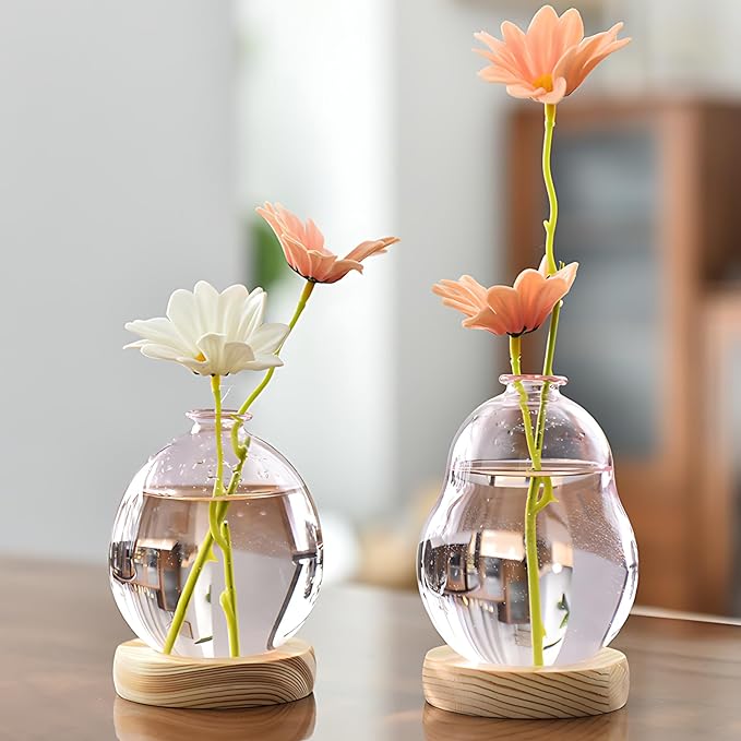 Plant Propagation Station Glass Planter Terrarium Jar with Wooden Stand Adjustable, Unique Flower Vase for Hydroponic Plants Cuttings, Plant Lover Gifts Home Boho Decor (Pink)