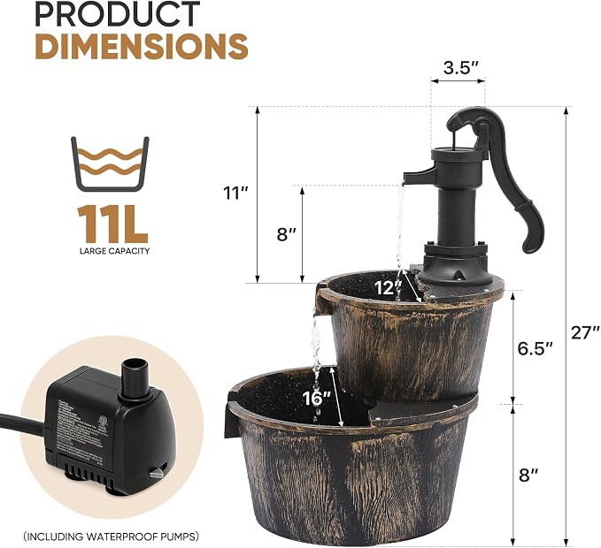 Magshion 27" Tall Outdoor Barrel Pump Water Fountain, 2-Tier Soothing Cascading Waterfall Feature with Electric Recirculating Pump, Garden Decor for Outside Patio, Yard, Porch or Landscape, Bronze