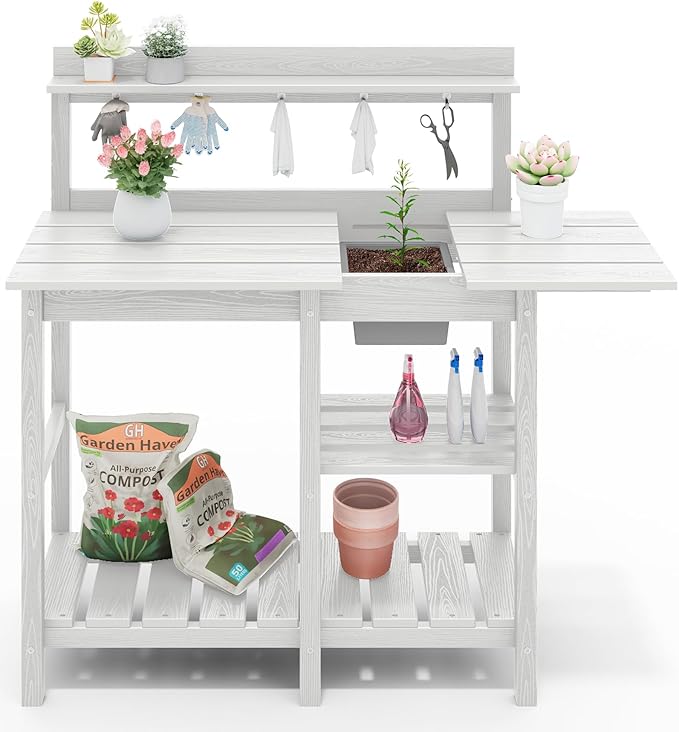 SERWALL Outdoor Potting Bench 2-Piece Set, Rot-Resistant HDPE Potting Table with Removable Sink for Outside Gardening, All-Weather Use - White