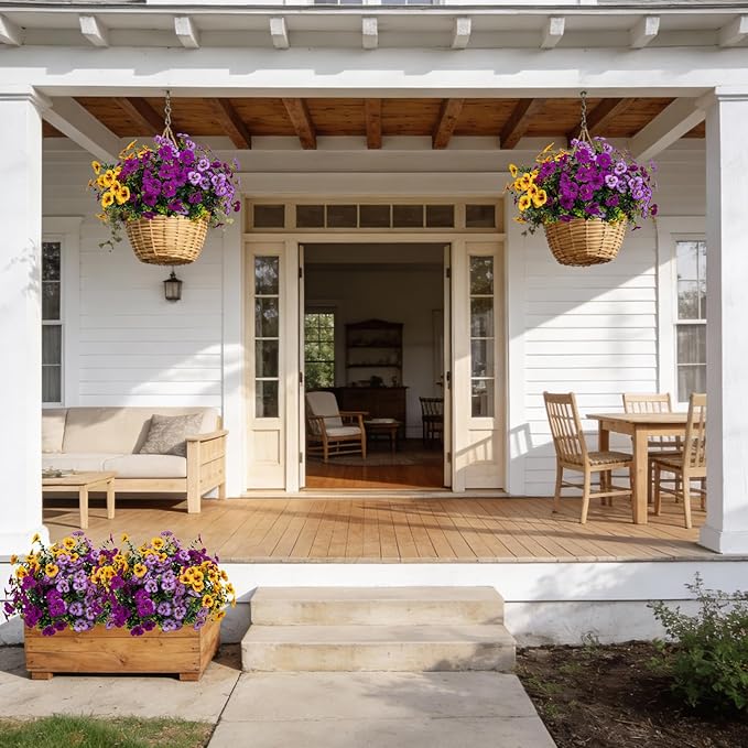 17 Inch Artificial Faux Pansy Flowers for Outdoor,Fake Pansies Flowers with Eucalyptus Leaves Fake Plants Greenery Boxwood Porch Patio Decor 6 Bundles(Pink Purple,Dark Yellow,Magenta)