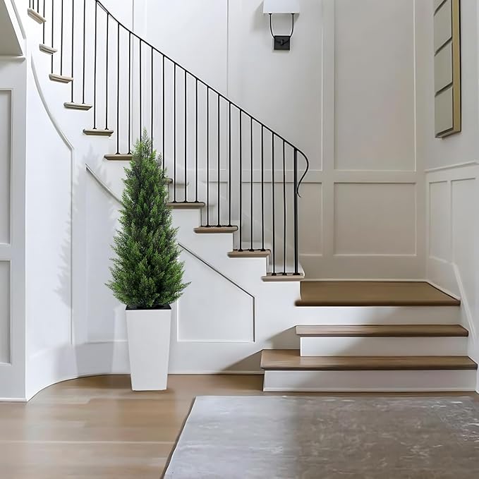 5FT Tall Artificial Cedar Topiary Tree with Compact Pyramidal Shape, Realistic Faux Cypress in Square White Pot with Fillable Water Bag, Outdoor Evergreen for Front Porch Garden Home Decor