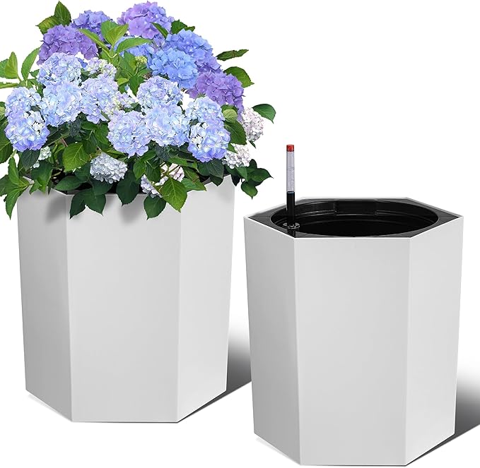 16in Plant Pots Set of 2, Self Watering Planters for Indoor Plants with Water Level Monitoring, Water Outlet for Garden Flower Pot, Patio, Balcony, Lounge, Front Porch Decor