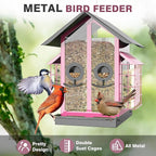 FlowaFoli Bird Feeders for Outdoors, Metal Bird Feeder with Double Suet Cage Weatherproof Metal Roof, 2 in 1 Mixed Seeds Suet Feeder, 4Lbs Large Capacity, Great for Finch、Cardinal、Chickadee（Pink）