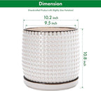 D'vine Dev 10 Inch Ceramic Beaded Stoneware Planter Pot - Flower Pot with Drainage Holes and Saucers for Indoor Succulent Plants or Flowers, Smoked White, 27-C-P-1
