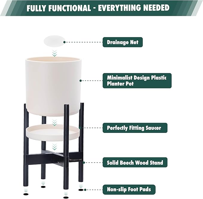 D'vine Dev Planter Pot with Stand - 12 Inch Plastic Cylinder Flower Pot with Wood Planter Holder for Indoor, Oatmeal Pot + Ebony Stand, 55-C-Q-4