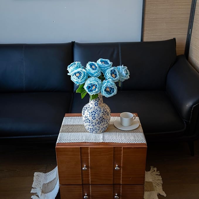 DUYONE Fake Flowers for Decoration Home Decor Artificial Flowers Austin Rose Peony Latex Fake Flower Living Room Decoration Vivid Pink Roses Peonies (Deep Blue 4pcs)