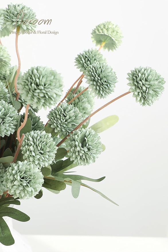 Floroom 5pcs Sage Green Faux Silk Mums Artificial Flowers, Bulk Fake Small Mini Chrysanthemums with Stems for DIY Wedding Centerpieces Floral Arrangements Vase Fillers Home Decorations