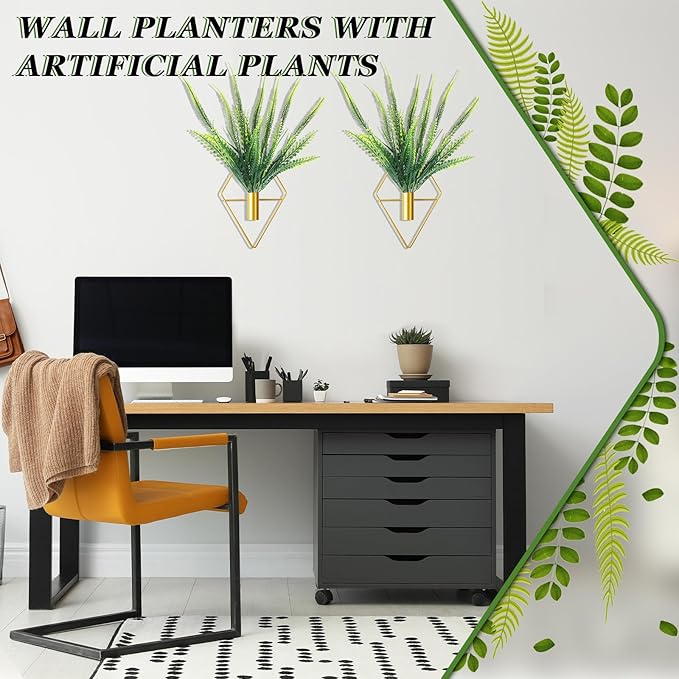 Canlierr 2 Pieces Gold Wall Decor Hanging Planters with Artificial Plants Metal Vase Indoor Plants Holder Modern Geometric Wall Art for Home Bathroom Bedroom Living Room Office(Boston Fern,Large)