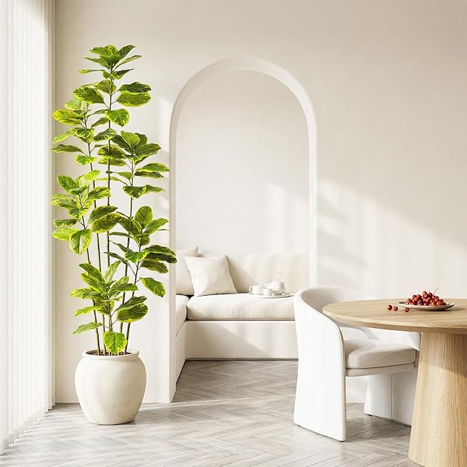 Ficus Tree Artificial Plants Indoor, 7FT Tall Fake Trees in White Pot, Large Potted Silk Floor Plant Artificial Trees, Green Lifelike Faux Ficus Tree for Home Room Office Porch Decor-Yellow