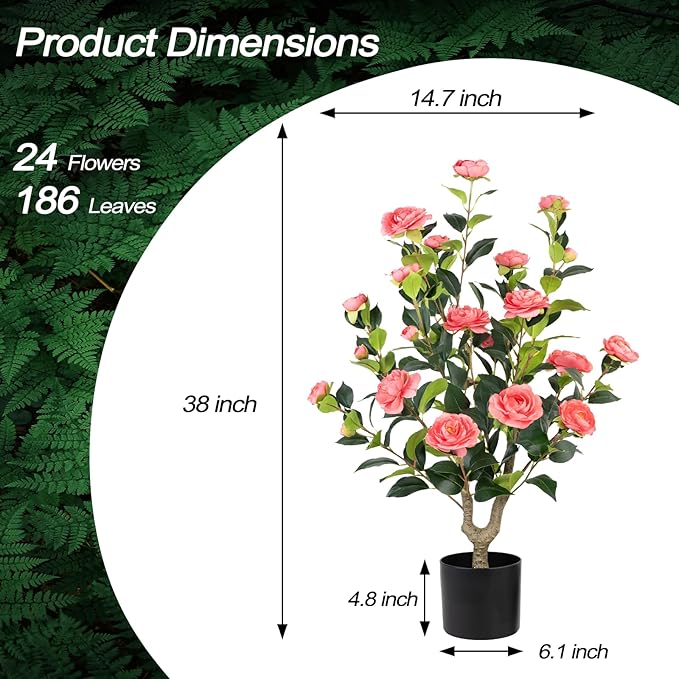 Artificial Camellia Tree 2 Pack - Realistic Camellia Plants in Pot with Pink Flowers, Lifelike Faux Greenery for Living Room, Patio, or Wedding,Pink