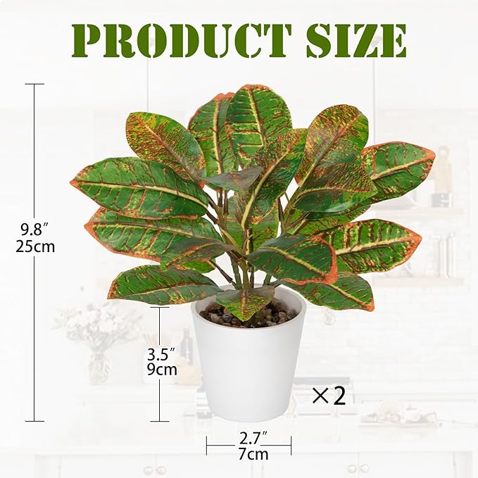 GnFlus Fake Plants Set of 2 Artificial Plants Faux Croton Plant with White Pots Fake Potted Plants Artificial Decor for Farmhouse Room Bathroom Bedroom Kitchen Office Table Desk Green and Red