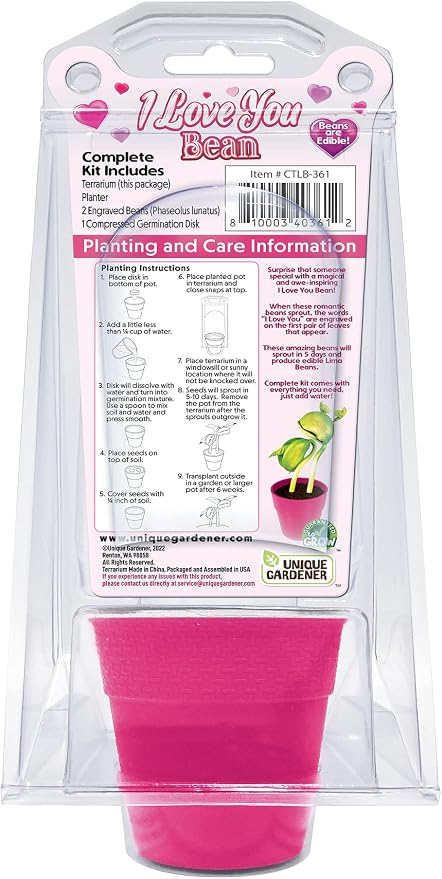 Unique Gardener "I Love You Beans Grow Kit - Includes 2 Engraved Lima Beans, Planter, Terrarium, & Germination Disk - Sprouts in Just 1 Week - Grow a Romantic Surprise