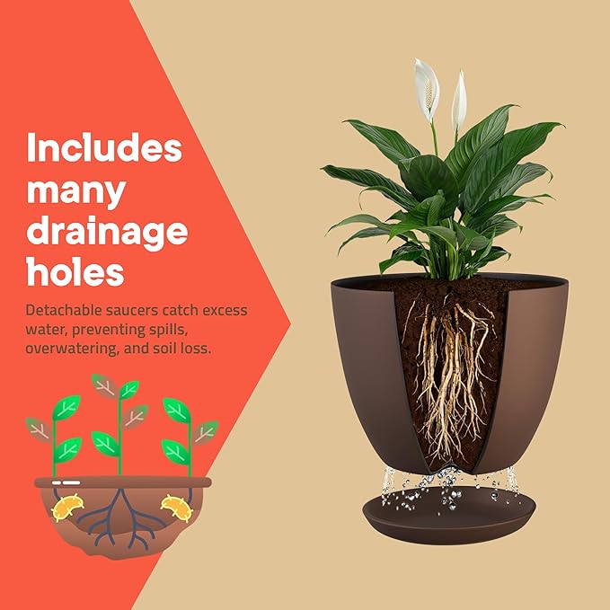 Planter Pots with Drainage Holes - Lightweight, Durable & Space-Saving Pots for Indoor and Outdoor - Versatile Functionality, Simple Modern Design, Set of 10 Plastic Planter Pots - Brown