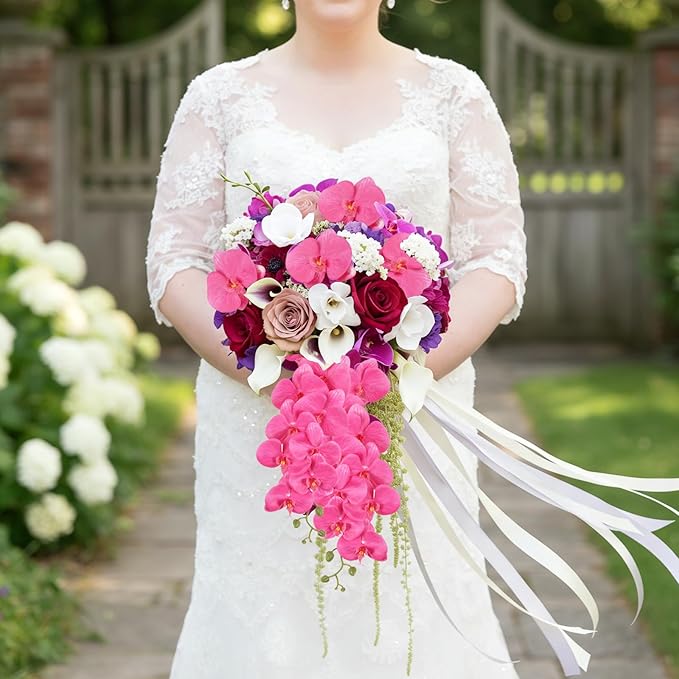4PCS Faux Orchid Artificial Flowers, 35inch Long Stem Phalaenopsis Branches，Hot Pink Fake Orchid Flowers for Tall Vase Home Wedding Party Decoration (Hot Pink)