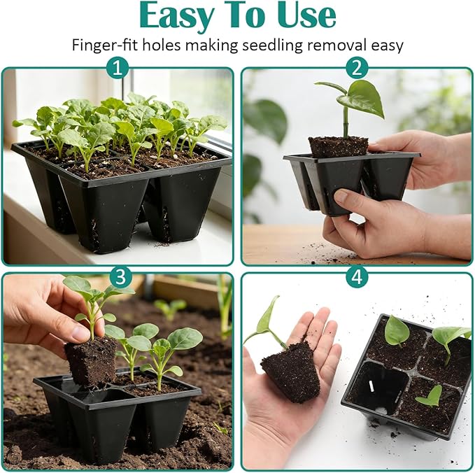 RooTrimmer 80 Pack Reusable 4-Cell Seed Starter Tray for Seedlings, Easy Watering Seed Starting Trays with Drainage Holes for Seed Germination and Plant Start, Fits Standard 1020 Trays, Black