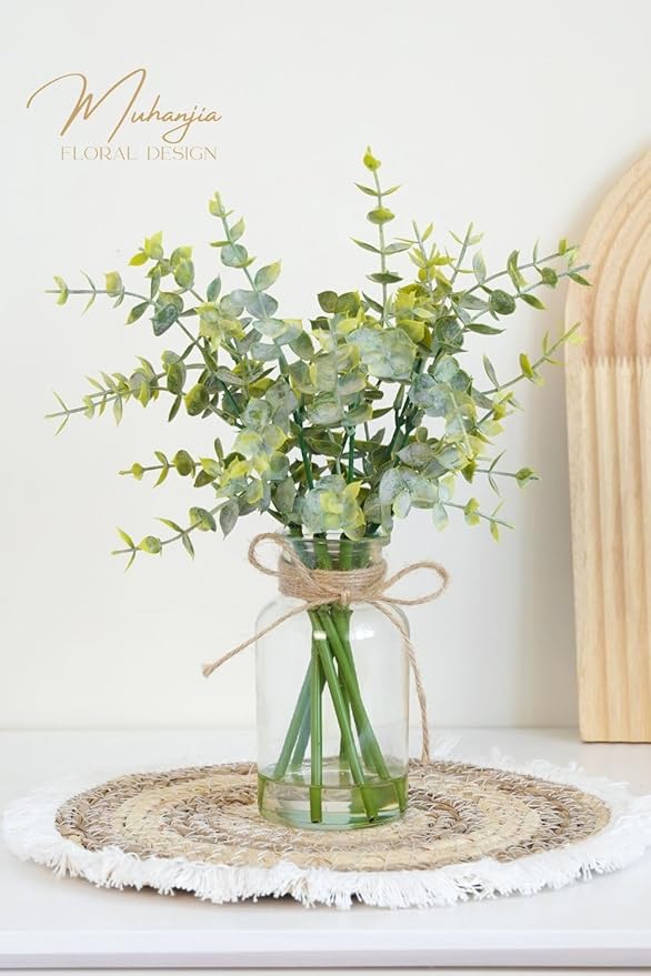 Muhanjia Artificial Eucalyptus Stems in Glass Vase with Faux Water,7Pcs Fake Plant for Centerpiece Bathroom Farmhouse Room Home Decor (Sage Green Eucalyptus)