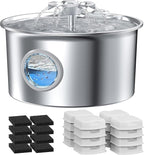 Pet Water Fountain Stainless Steel: Cat Fountain with 8 Filters & 8 Sponges | 88oz/2.6L Automatic Cat Watering Dispenser Bowl with Water Level Window - IHOUONE Quiet Fountains for Cats & Dogs Owners