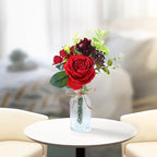 AFRITEE Artificial Flowers with Vase - Small Red Fake Plants Faux Silk Flower Arrangement in Vase for Home Decor for Indoor Dining Living Room Coffee Wedding Table Centerpieces