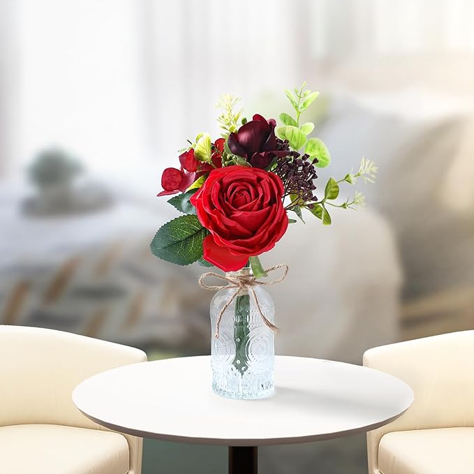 AFRITEE Artificial Flowers with Vase - Small Red Fake Plants Faux Silk Flower Arrangement in Vase for Home Decor for Indoor Dining Living Room Coffee Wedding Table Centerpieces