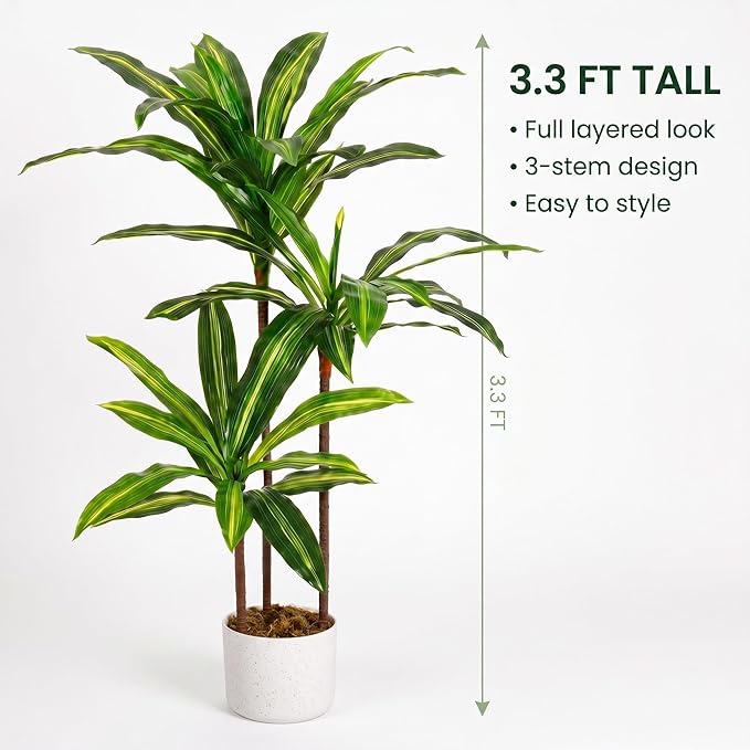 3.3FT Artificial Dracaena Tree in Pot, Evergreen Artificial Dracaena Marginata Plants Indoor, Decorative Potted Floor Plant for Living Room Porch Office Decor
